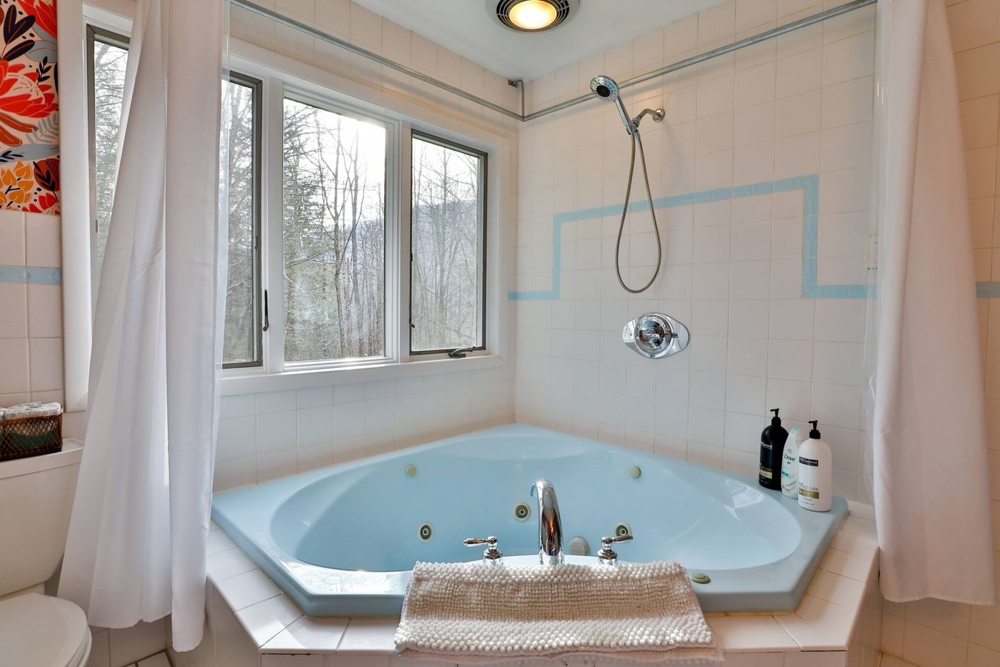 Corner jacuzzi soaking tub beneath windows overlooking the Catskills forest